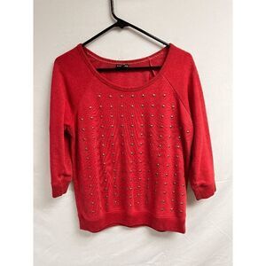 Express Womens Pullover 3/4 Sleeve Scoop neck Studded Front Sweatshirt Red Small